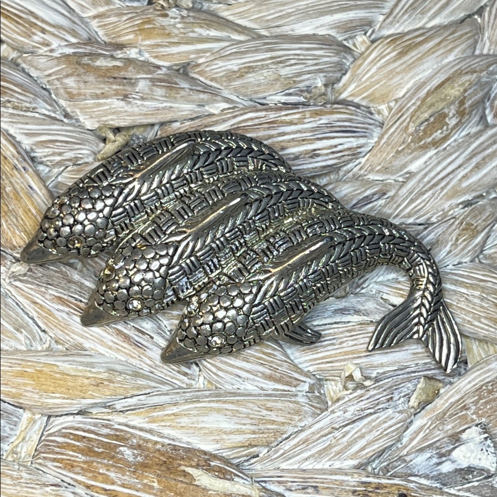 Vintage Silver Tone‎ Triple Fish Textured Brooch
